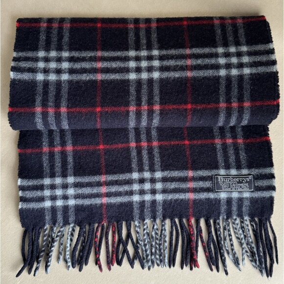 Burberrys Scarf Blue Red Plaid Fringe Cashmere - Picture 1 of 4